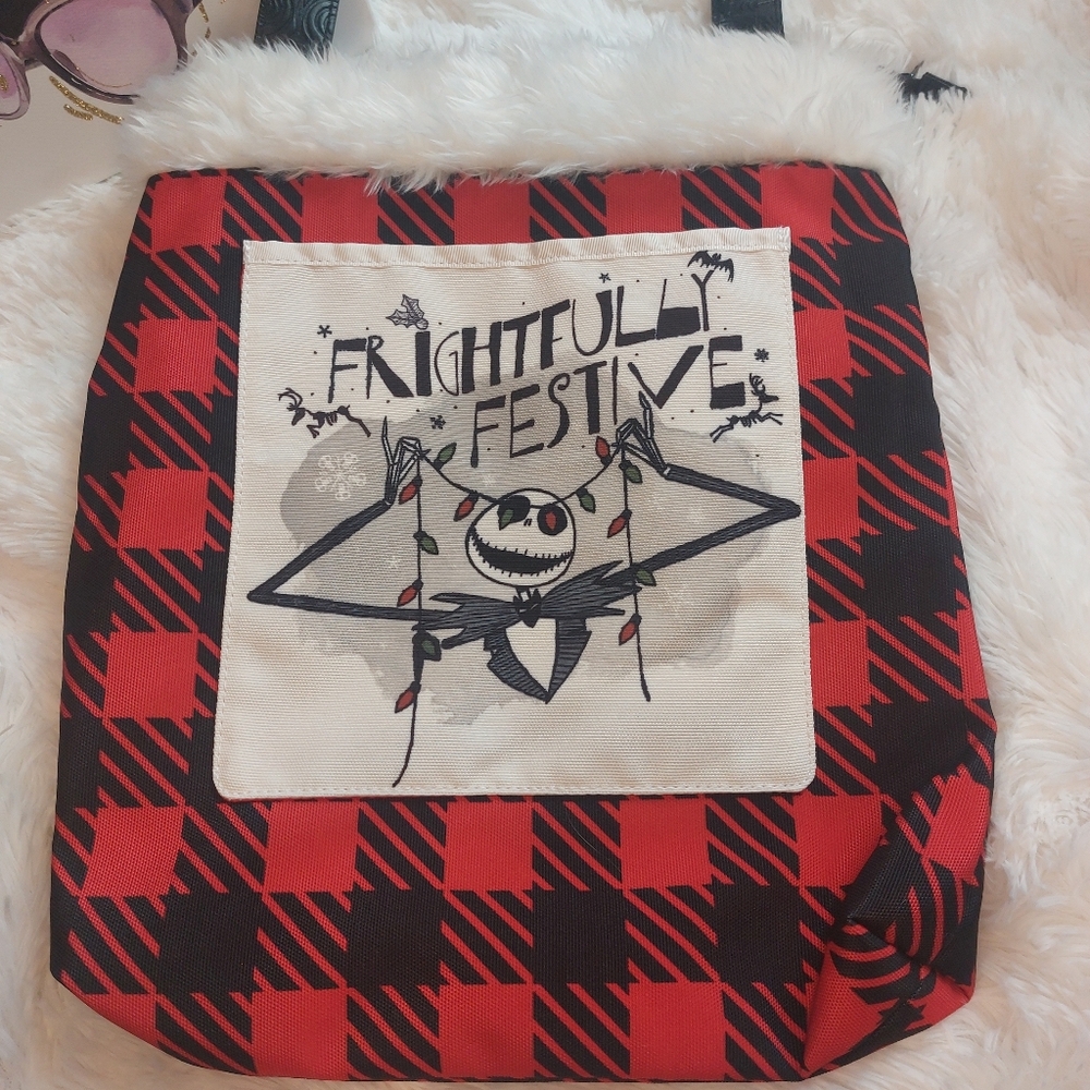 Disney NBC Jack Frightfully Festive Red and Black Checkered Tote Reindeer Bag